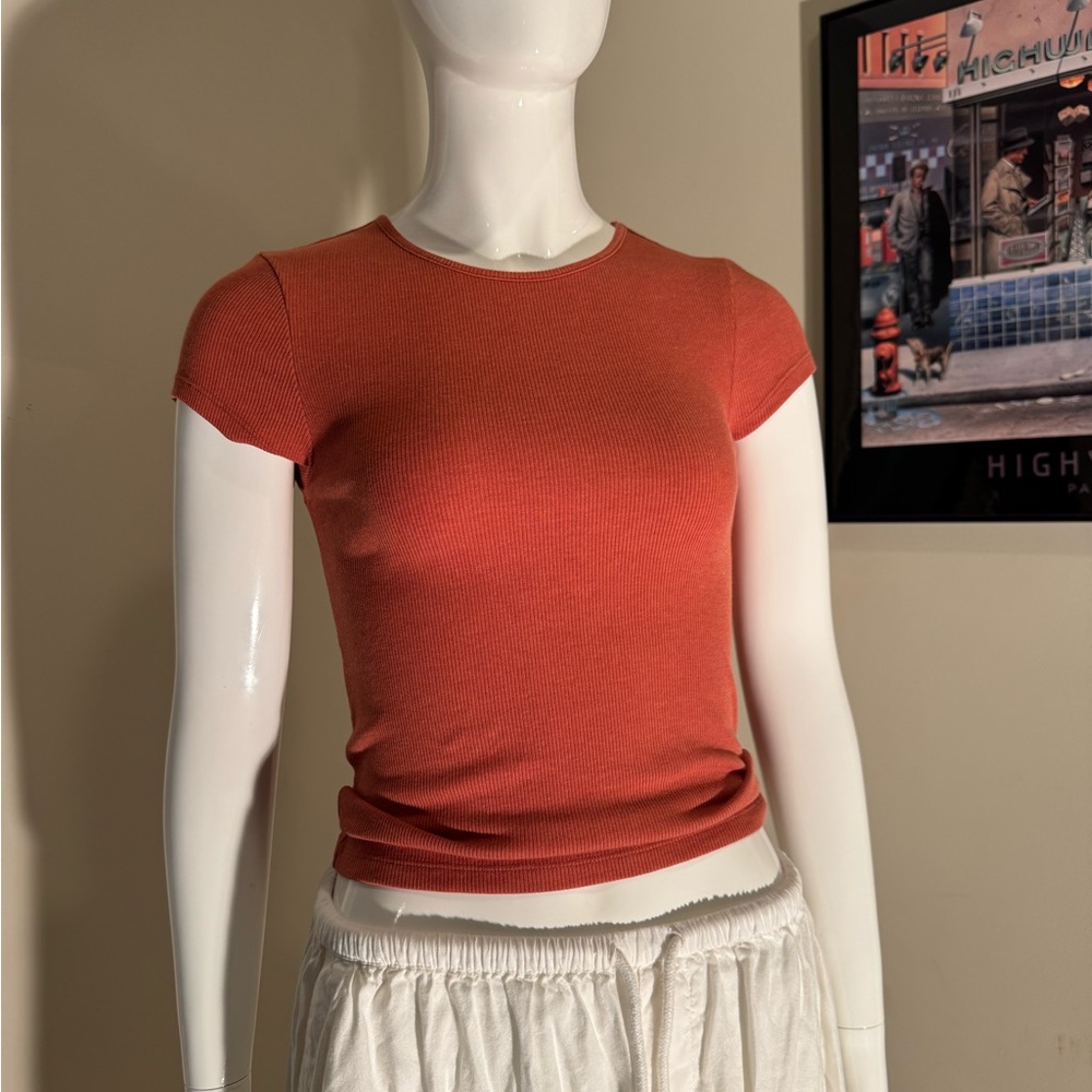 American Eagle Outfitters Orange Cap Sleeve Fitted Tee